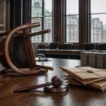 Ein umgestürzter Eichentischstuhl liegt neben einem Richterhammer, Umschlägen und einem Wohnblock-Modell in einem