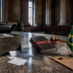 Ein geöffneter Metallkoffer mit Stimmzetteln steht auf einem Marmortisch neben einer versiegelten Akte, einem Richterhammer