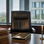 Ein leerer, lederbezogener Chefsessel vor hohen Bürofenstern, daneben liegen Akten und ein bronzener Aktenordner, eine Kerze