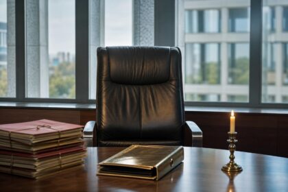 Ein leerer, lederbezogener Chefsessel vor hohen Bürofenstern, daneben liegen Akten und ein bronzener Aktenordner, eine Kerze