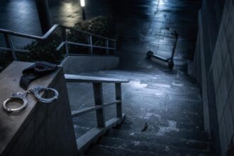 Ein leerer Treppenaufgang mit einer Handschelle, einem Polizeiholster und einem Hausschlüssel, ein E-Scooter liegt daneben.