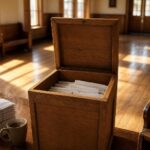 Ein offener hölzerner Wahlurnen-Behälter mit zahlreichen Stimmzetteln steht in einem hell erleuchteten Raum mit Holzbänken