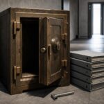 Ein bronzener Tresor mit geöffnetem Schloss steht neben einem Stapel grauer Aktenordner in einem nüchternen