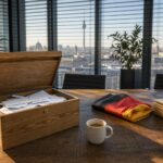 Ein offener Holzkasten mit Stimmzetteln steht auf einem Tisch mit einer deutschen Flagge, einem Kaffeebecher und Dokumenten