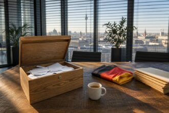Ein offener Holzkasten mit Stimmzetteln steht auf einem Tisch mit einer deutschen Flagge, einem Kaffeebecher und Dokumenten