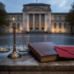 Vor dem klassizistischen Gebäude des Bundesverfassungsgerichts in Karlsruhe liegen eine Waage der Gerechtigkeit, ein altes