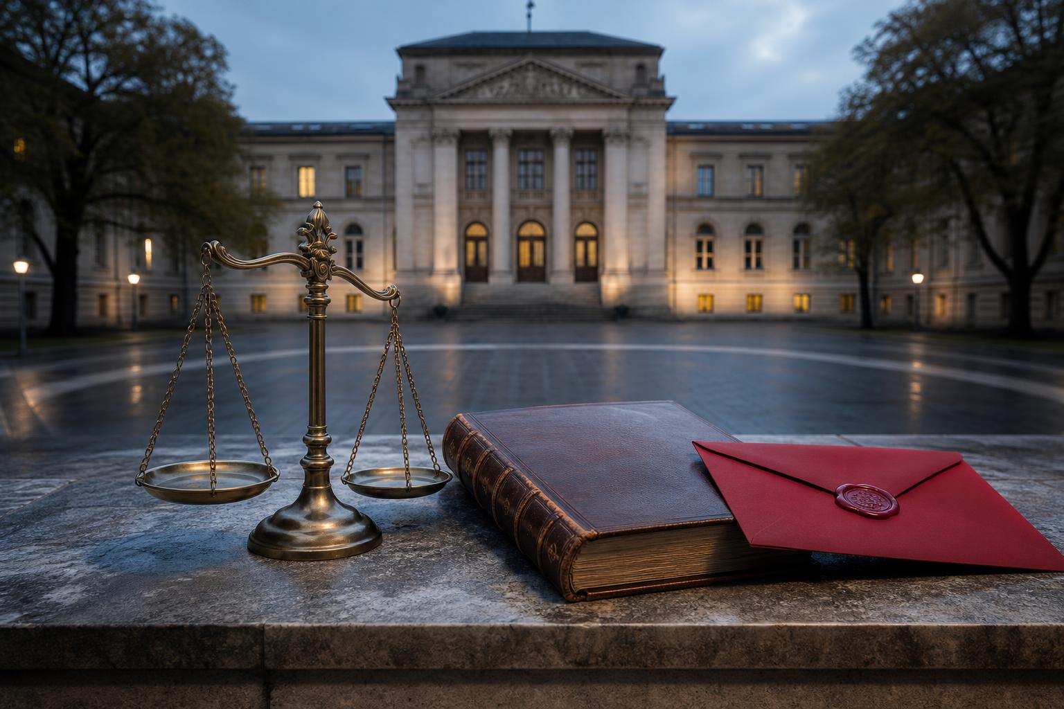 Vor dem klassizistischen Gebäude des Bundesverfassungsgerichts in Karlsruhe liegen eine Waage der Gerechtigkeit, ein altes