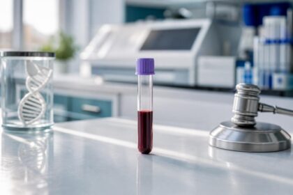 Ein Blutprobenröhrchen mit roter Flüssigkeit steht auf einem Labortisch neben einem DNA-Helix-Modell und einem Gavel.
