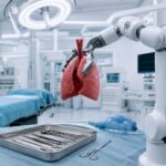 Ein robotergestützter Operationsarm hält ein rotes Lungenmodell in einem modernen OP-Saal mit sterilen Wänden und
