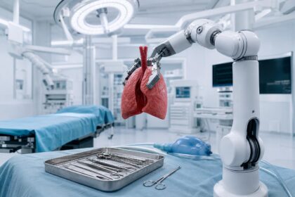Ein robotergestützter Operationsarm hält ein rotes Lungenmodell in einem modernen OP-Saal mit sterilen Wänden und