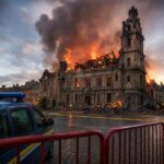 Ein brennendes historisches Rathaus in Limoges mit eingestürztem Glockenturm, umgeben von Rauch und Flammen, mit