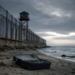 Ein verlassener Koffer liegt am Strand vor einem mit Stacheldraht verstärkten Grenzzaun und einem Beobachtungsturm am Meer