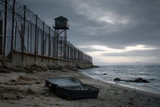 Ein verlassener Koffer liegt am Strand vor einem mit Stacheldraht verstärkten Grenzzaun und einem Beobachtungsturm am Meer