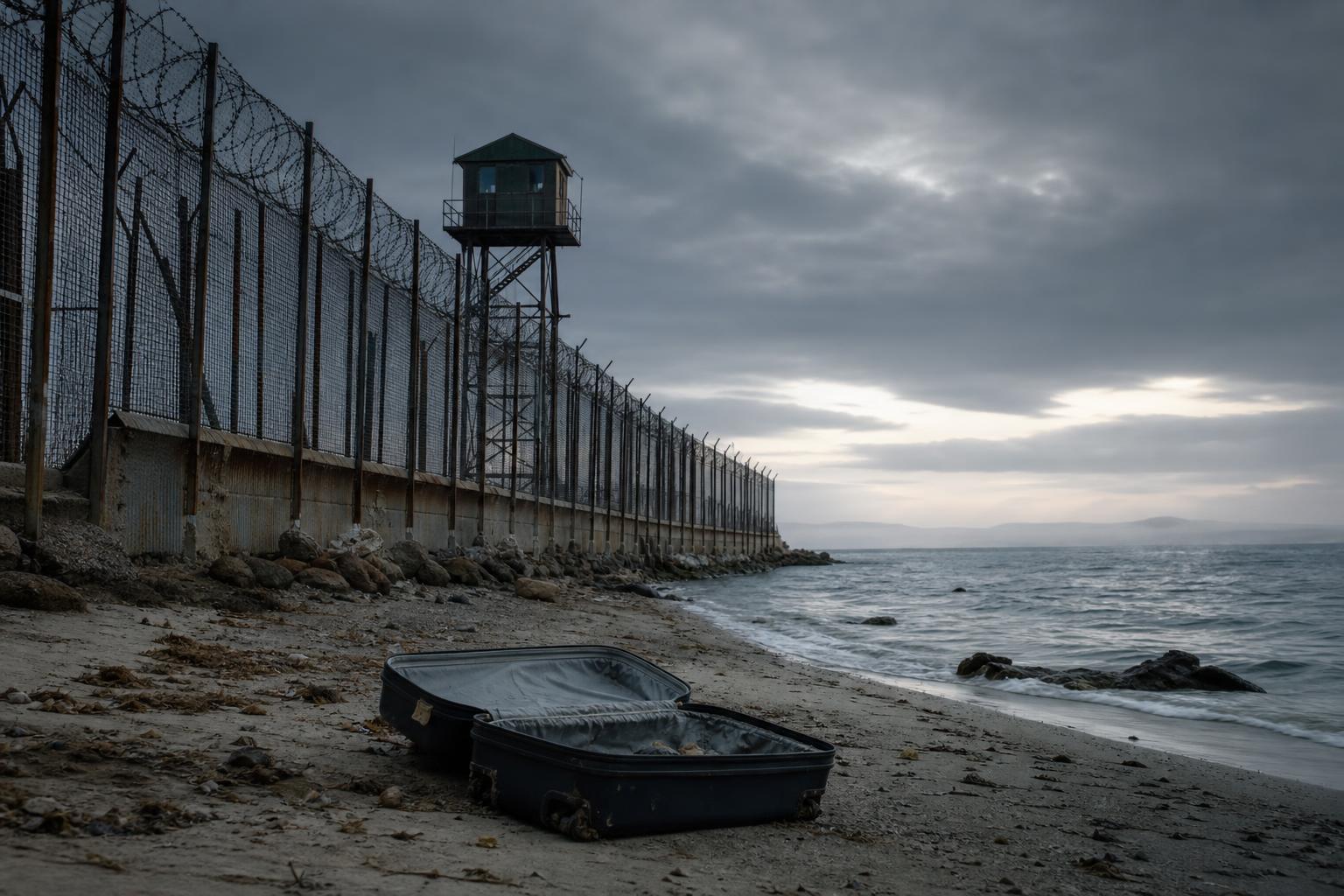 Ein verlassener Koffer liegt am Strand vor einem mit Stacheldraht verstärkten Grenzzaun und einem Beobachtungsturm am Meer