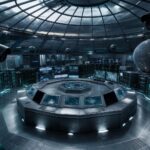 Ein futuristischer Einsatzleitstand mit einem runden Metalltisch, Server-Racks, Überwachungskameras und einer großen