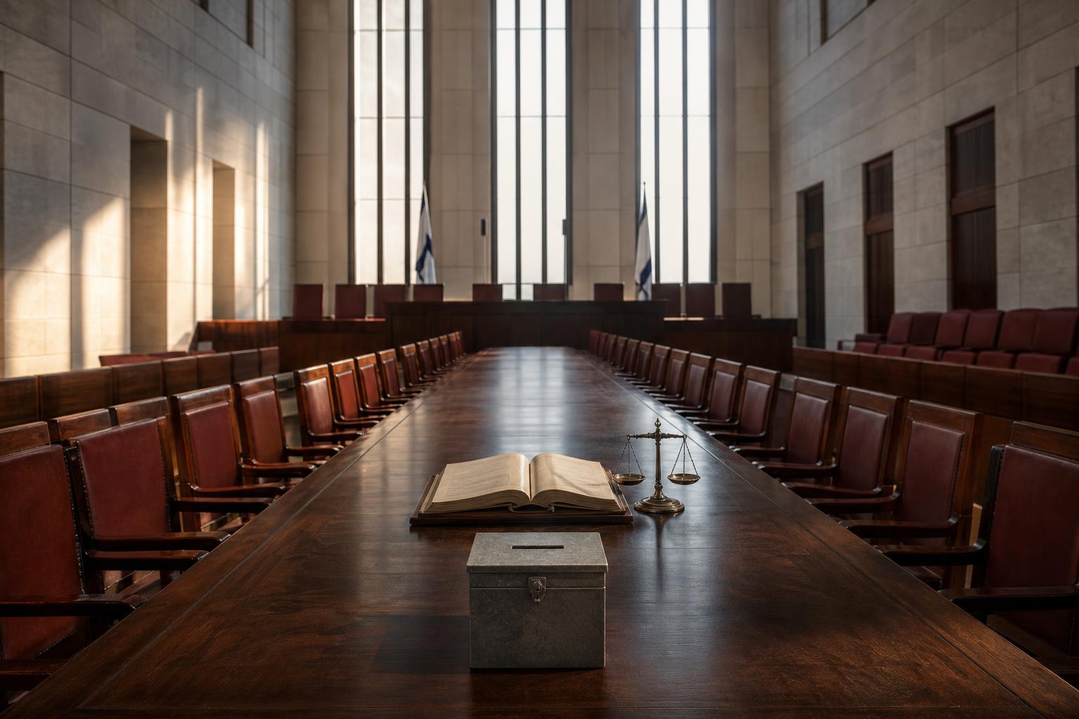 Leere Knesset-Halle mit rotem Stuhlreihen, offenem Buch, Waage und Wahlkasten auf dem Tisch, Morgenlicht durch hohe Fenster.