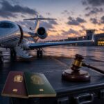 Ein Privatjet steht auf der Startbahn neben einem Koffer mit einem Richterhammer und zwei Reisepässen.
