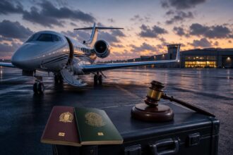 Ein Privatjet steht auf der Startbahn neben einem Koffer mit einem Richterhammer und zwei Reisepässen.