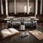 Ein massiver, verschnörter Zylinder liegt auf einem Tisch im Knesset-Saal neben einem offenen Buch, einem Hardware-Wallet