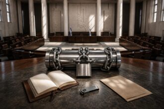 Ein massiver, verschnörter Zylinder liegt auf einem Tisch im Knesset-Saal neben einem offenen Buch, einem Hardware-Wallet