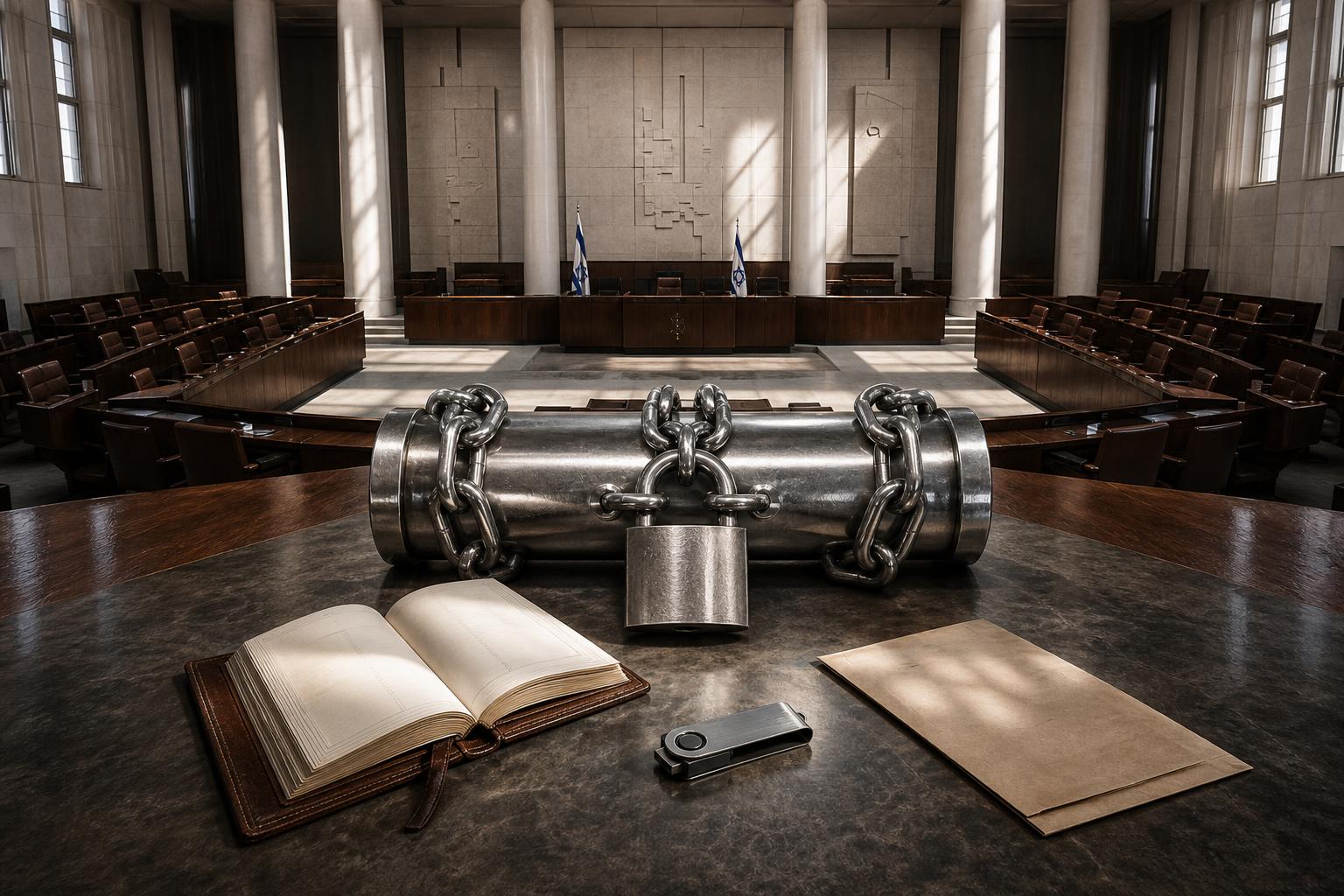 Ein massiver, verschnörter Zylinder liegt auf einem Tisch im Knesset-Saal neben einem offenen Buch, einem Hardware-Wallet
