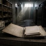 Ein verstaubtes Archiv mit offenen Ordnern, losen Papieren, einem alten Messgerät und einem zerbrochenen Stethoskop in einem