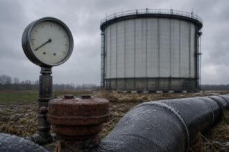 Ein großer Gasspeicherturm steht im Hintergrund, während ein Messgerät mit niedriger Anzeige und rostige Ventile im