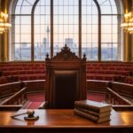 Ein leerer Präsidentenstuhl aus dunklem Holz mit einem Richterhämmer und Gesetzesordnern im historischen Plenarsaal des