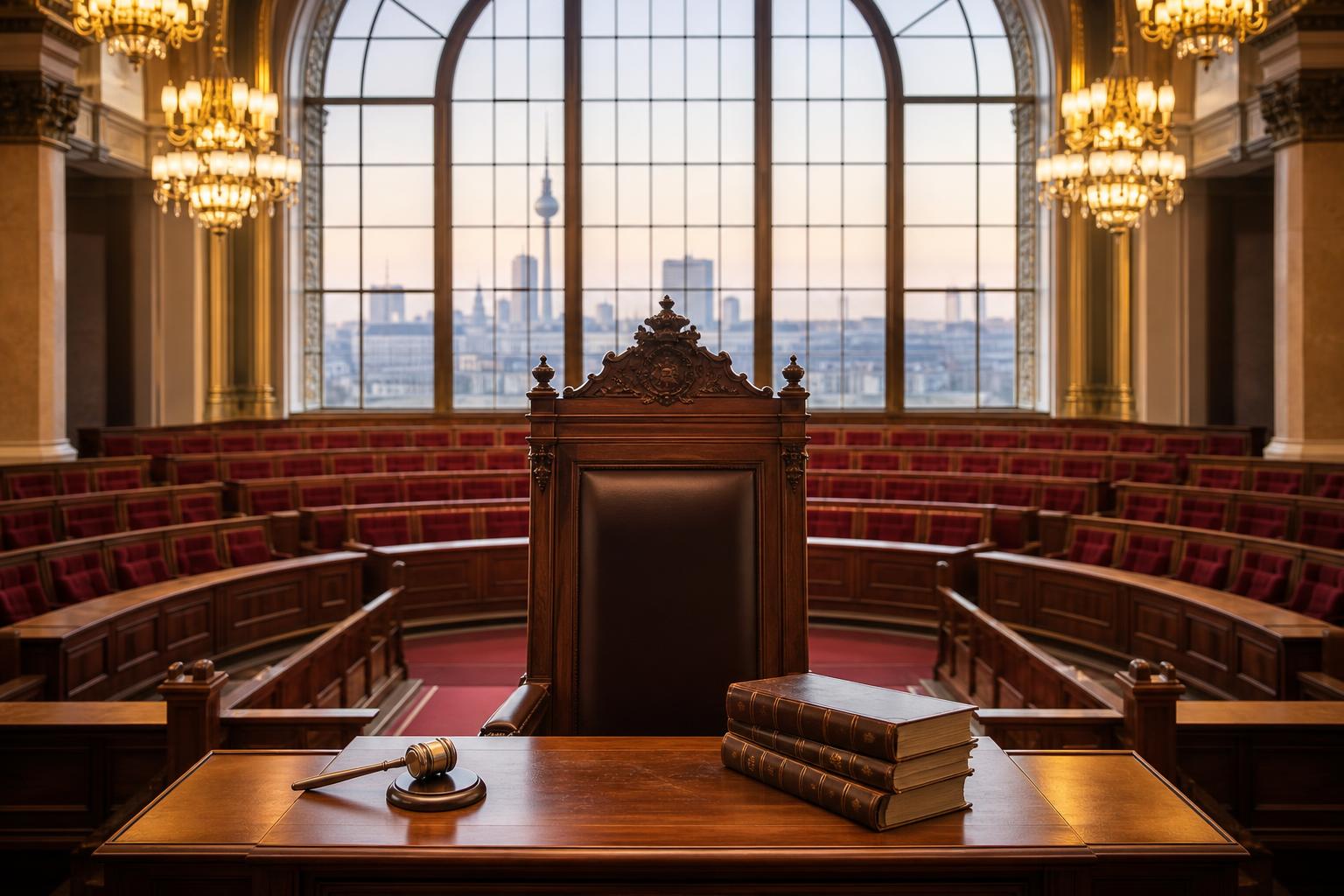 Ein leerer Präsidentenstuhl aus dunklem Holz mit einem Richterhämmer und Gesetzesordnern im historischen Plenarsaal des