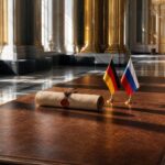 Ein massiver Eichentisch mit einer gerollten Pergamentrolle, einer deutschen und einer russischen Flagge in einem