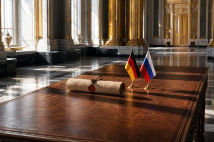 Ein massiver Eichentisch mit einer gerollten Pergamentrolle, einer deutschen und einer russischen Flagge in einem