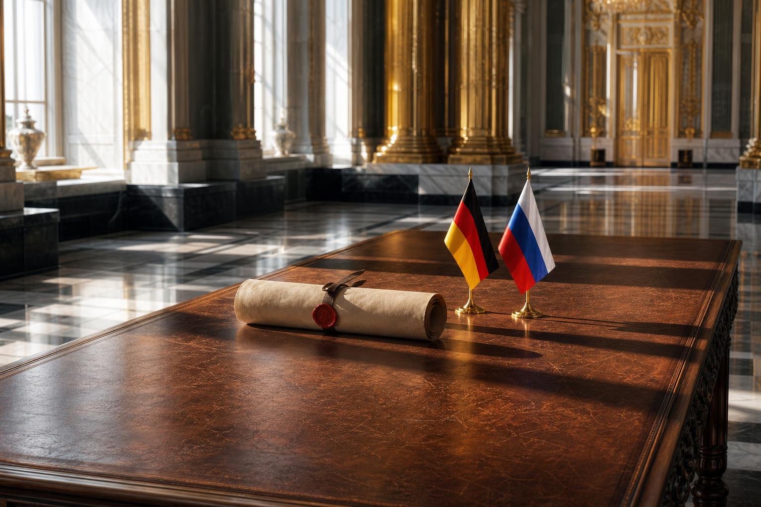 Ein massiver Eichentisch mit einer gerollten Pergamentrolle, einer deutschen und einer russischen Flagge in einem