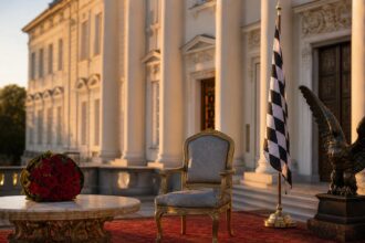Ein leerer prunkvoller Stuhl vor dem Haupteingang von Schloss Bellevue, flankiert von einem roten Rosenbouquet und einer