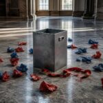 Ein offener, leerer Metallwahlurne steht auf Marmorboden mit verstreuten roten und blauen Wahlzetteln und einem zerbrochenen