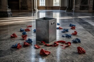 Ein offener, leerer Metallwahlurne steht auf Marmorboden mit verstreuten roten und blauen Wahlzetteln und einem zerbrochenen