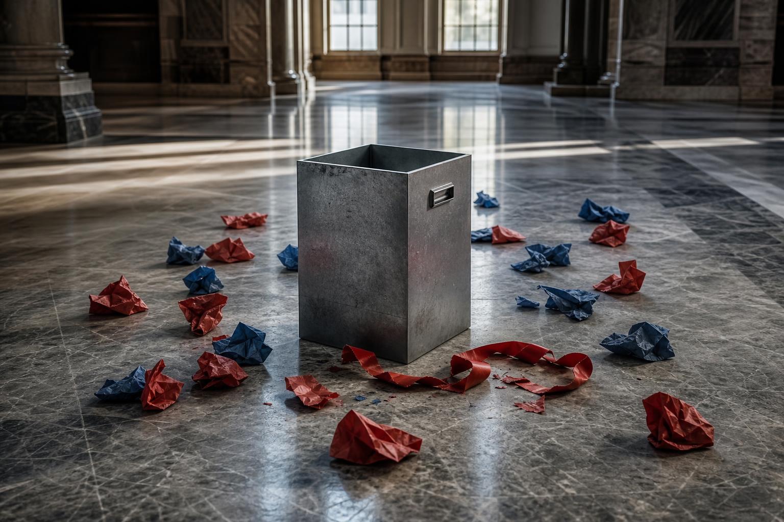 Ein offener, leerer Metallwahlurne steht auf Marmorboden mit verstreuten roten und blauen Wahlzetteln und einem zerbrochenen
