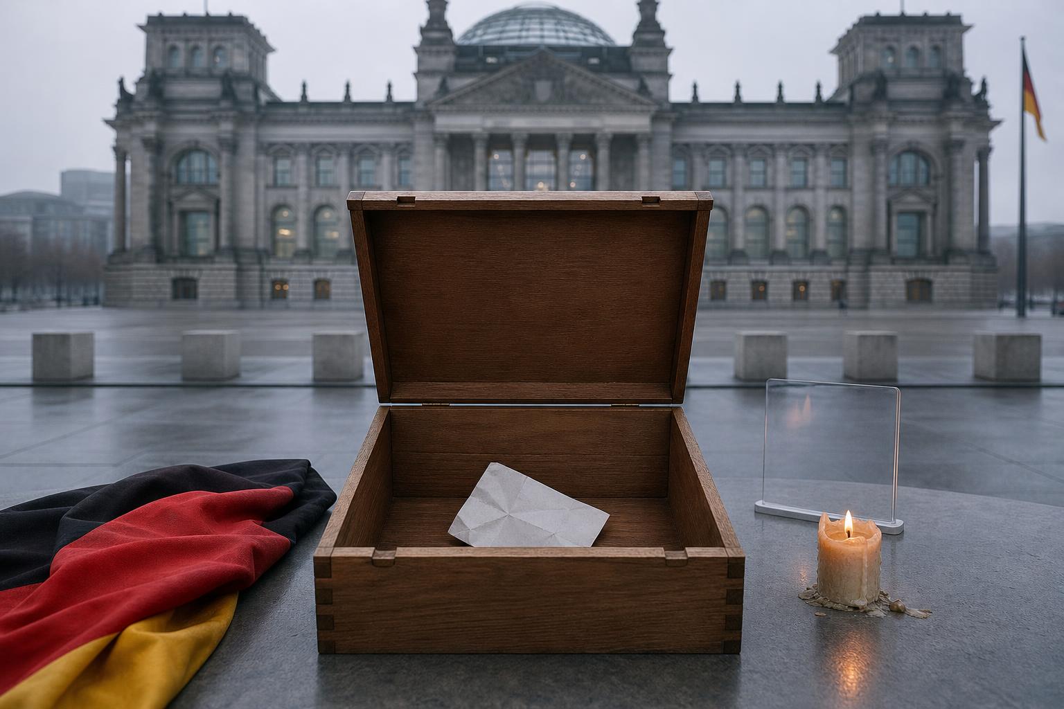 Ein offener hölzerner Wahlurne mit einem zerknickten Wahlzettel davor, eine halb gefaltete deutsche Flagge und eine