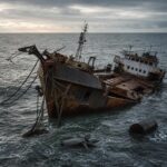 Ein schwer beschädigtes Frachtschiff treibt halb versunken im Schwarzen Meer mit dunklem Himmel und stürmischer See.