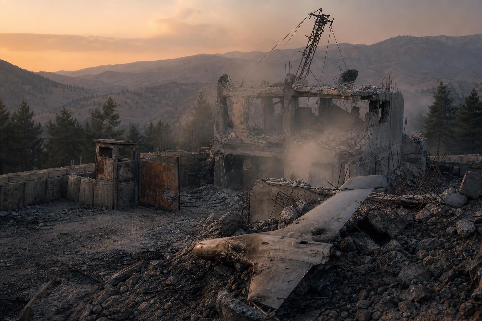 Ein zerstörtes Hauptquartier in einer kurdischen Hügellandschaft bei Sonnenuntergang mit Rauch und einem abgestürzten