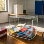 Ein gläserner Wahlurnenbehälter mit bunten Wahlumschlägen steht auf einem Holztisch neben einer Israel-Flagge und einer