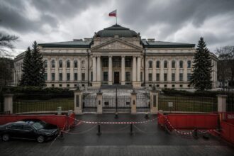 Das Verfassungsgericht in Warschau unter grauem Himmel, gesichert durch rote Absperrungen und einen Streifenwagen.