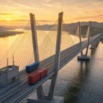 Eine moderne Schrägseilbrücke über den Yalu-Fluss bei Sonnenaufgang, mit einem blauen Lastwagen und roten Containern auf