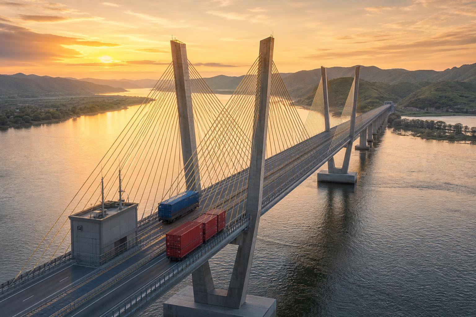 Eine moderne Schrägseilbrücke über den Yalu-Fluss bei Sonnenaufgang, mit einem blauen Lastwagen und roten Containern auf