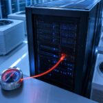 Ein Hochfrequenz-Handels-Server in einem Rechenzentrum mit rotem Glasfaserkabel und silbernem Tachometer zur Visualisierung