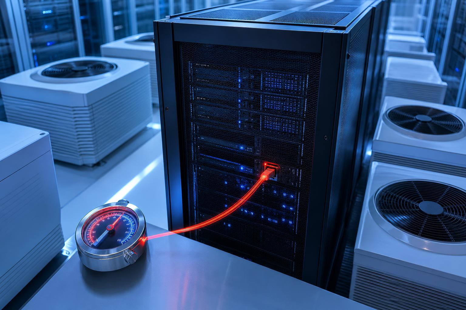 Ein Hochfrequenz-Handels-Server in einem Rechenzentrum mit rotem Glasfaserkabel und silbernem Tachometer zur Visualisierung
