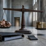 Eine hölzerne Waage steht in einem kahlen Flur, links ein zerbrochenes Schweinchen, rechts gestapelte Geldbündel; daneben