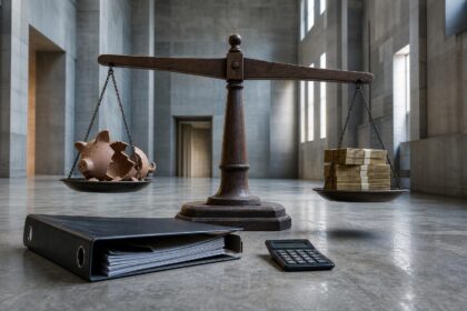 Eine hölzerne Waage steht in einem kahlen Flur, links ein zerbrochenes Schweinchen, rechts gestapelte Geldbündel; daneben