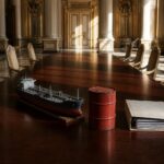 Ein leerer Konferenztisch aus dunklem Mahagoni in einem prunkvollen Saal mit hohen Säulen und vergoldeten Wänden, darauf