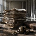 Ein riesiger Stapel vergilbter Finanzberichte in einem marmornen Archiv, mit einer leeren Waage, einem Fiskalbuch und einem