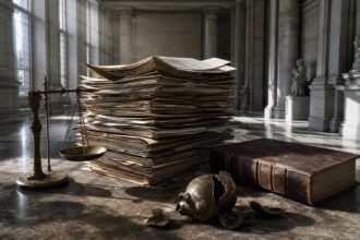 Ein riesiger Stapel vergilbter Finanzberichte in einem marmornen Archiv, mit einer leeren Waage, einem Fiskalbuch und einem